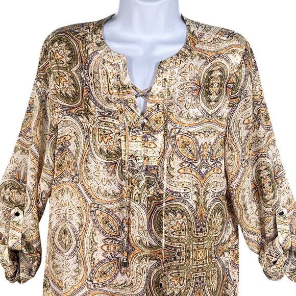 Chicos Mirrored Beauty Womens XS Paisley Sheer Asymmetric Tunic Chiffon Lace Up - Picture 8 of 15